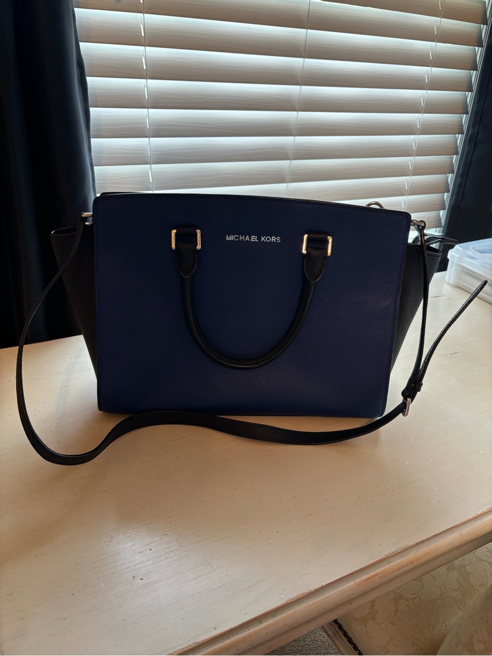 MICHAEL KORS Blue and Black Saffiano Leather Satchel